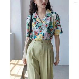 Women's Blouses French Floral Full Print Beach Shirts Oversized Women Short Sleeve Button Up Cause Cuba Shirt Summer 2024