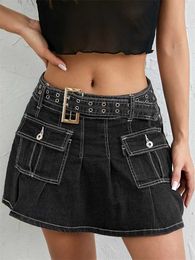 Skirts Womens Mini Denim Skirt Solid Color Multi-Pocket Pleated Skirt with Belt Korean Fashion Punk Gothic Skirts Y240420