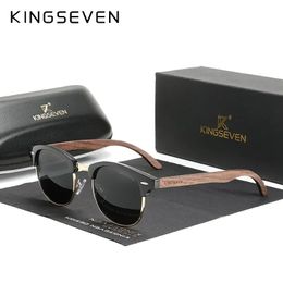 KINGSEVEN Handmade Black Walnut Wooden Sunglasses Men Polarised UV400 Protection Semi-Rimless Retro Eyewear Women Oculos 240410