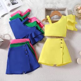Clothing Sets FOCUSNORM 1-6Y Fashion Kids Girls Clothes Set Ruffles One Shoulder Sleeveless Vest With Solid Shorts Summer Outfit
