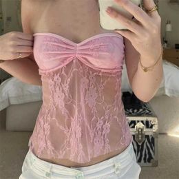 Kvinnors tankar Camis Xingqing Y2K Lace Mesh Floral Tube Top Women SHR S genom axel Axel Axless Backless Bandeau 2000s Fairycore Clothing Y240420