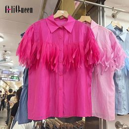 Women's Blouses European Style Women Lapel Single Breasted Short Sleeve Shirt Elegant Female Pink Tassel Patchwork Sweet Shirts Chic Top