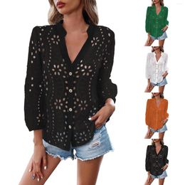 Women's Blouses Boho Crochet Shirt Balloon Sleeve Button Lace Eyelet Top