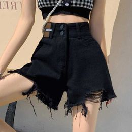 Straight black distressed denim shorts for womens summer 2024 new Instagram trendy oversized hot pants with fur edges and high waist a