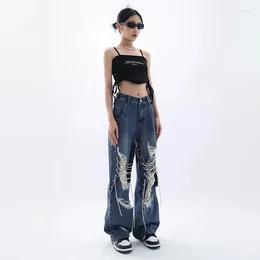 Women's Jeans Ripped Splice Binding Y2K Baggy Women Vintage American Style High Waist Straight Trousers StreetWear Wide Leg Denim Pants