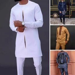 Men Dashiki Long Clothes Shirt White Trouser Set Mens 2 Pieces Outfit Suit Traditional Male Clothes T-shirt Pant Suits For Men 240407