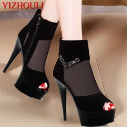 Dress Shoes Professional Custom Large Size 15cm High-heeled Fish Mouth Mesh Cloth Material Stage Banquet Performance High Single Shoe