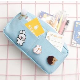 Kawaii Purple Canvas Pencil Case Cute Animal Badge Pink Large Capacity School Bags For Maiden Girl Stationery Supplies
