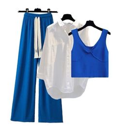 Spring Summer 3Piece Suit White Shirt Blue Vest Wide Leg Pants Three-piece Set of Elegant Womens Tracksuit Casual Outfits 240420