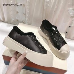 Casual Shoes Women Genuine Leather Round Toe Increase Height Platform Flat Little White Lace Up Real Wool Fur Inside Warm