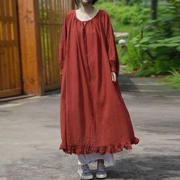 Casual Dresses NINI WONDERLAND 2024 Spring Cotton Wrinkled Robe Dress Women Lace Up Collar Loose Auutmn Red Mori Girls