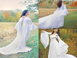 Fantasy Fairy Mediaeval Wedding Dresses Lace Up Custom Made Off the Shoulder Long Sleeves Court Train Full Lace Bridal Gowns High Q7383510