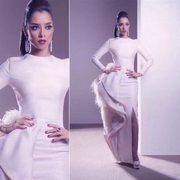 White Feather Long Mermaid Evening Dresses 2020 High Neck Long Sleeves Evening Gowns Sexy High Side Slit Arabic Evening Dress1132109