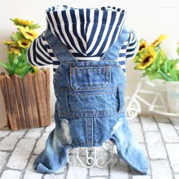 Dog Apparel Jeans Jacket Denim Overall For Dogs Blue Striped Shirt Onesies Pet Jumpsuit Hoodie Clothes Costumes Small Medium