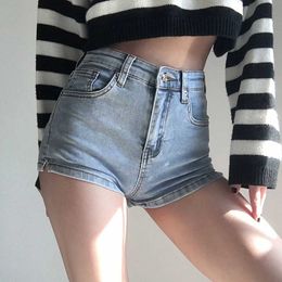 Kvinnors shorts blå jean shorts kvinnor sommar hög midja solida heta korta jeans för damer sexig elastisk delad retro denim shorts kvinna y240420