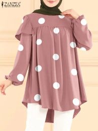 Clothing ZANZEA Turkey Blouse Polka Dots Printed Causal Tops Ruffles Long Puff Sleeve Female Shirt Muslim Hijab Blouse Oversize Blusas