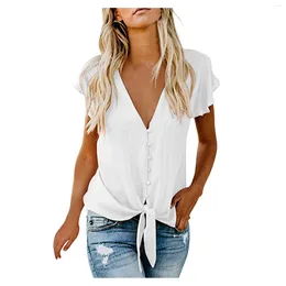 Women's Blouses Summer Shirt Women Casual Short Sleeve Front Bow Tie Tops Ladies Button Up Shirts V Neck Solid Colour Top Blusas Mujer
