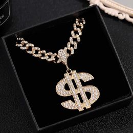 Pendant Necklaces Novelty Crystal Dollar Pendant Miami Cuban Link Chain Necklace For Women Men Shiny Chunky Metal Cuban Choker Hiphop Party Jewely Y240420