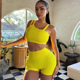 Women's Tracksuits Women Solid Stretch Fitness Slim 2 Piece Set Camisole Crop Tops High Waist Ruched Peach Hips Skinny Shorts Casual