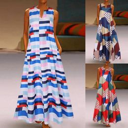 Tongxin Womens V Neck Sleeveless Pocket Summer Vintage Printed Color Block Stitching Dress 1347