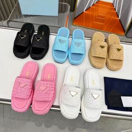 2024 New Summer Womens Slipper Straw platform sandal prad luxury Designer shoe Mule loafer sandale Sliders Outdoor Triangle Summer beach Slide Casual shoes