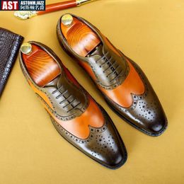 Dress Shoes Luxury Italian Leather Men Fashion Mixed Color Lace-Up Green Brown Wedding Office Formal Oxford For