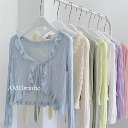 Women's Knits Pure Sexy Sweet Girl Ruffles Ice Silk Knitted Cardigan Summer V-neck Thin Lace-up Shawl Coat Fashion Female Clothes