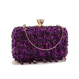 Glitter Party Dinner Evening Bags Purple Color Tassel Acrylic Clutch Flap Fashion Metal Chain Diamonds Handbags Beading 240418