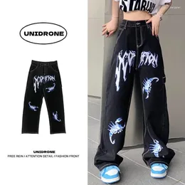 Women's Jeans High Street Men's Style Shop American Retro Printed Straight Tube Loose Spring Autumn Dropped Long Pants Trendy