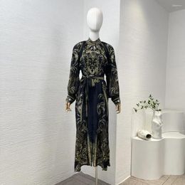 Casual Dresses YC23 2024 Black Floral Printing Diamonds Pressed Long Sleeve Silk Lace-up Women Vintage Midi Dress HIgh Quality