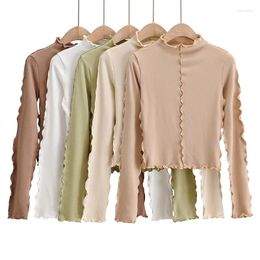 Women's T Shirts Slim-Fit Half-High Collar Stitching Inside-out Wear Fleece Long-Sleeve Lace