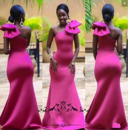 Fuchsia Mermaid Bridesmaid Dresses With Bow Satin One Shoulder Maid Of Honour Dress Custom Made Saudi African Formal Dresses Party 4426638