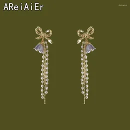 Stud Earrings Elegant Imitation Pearl Dangle For Women Blue Flowers Crystal Long Tassel Exquisite Drop Earring Wedding Jewelry