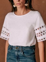 Women's T Shirts 2024 Summer Women White T-Shirt Lace Stitching Hollow Out Short-Sleeved Female Round Neck Casual Tee Top