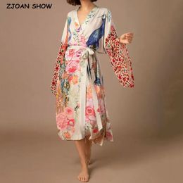 Women Beach Kimono Peocock Print Swimsuit Cover Up Self Belted Wrap Dresses Seaside Bathing Suits Beachwear Robe Blouse 240420