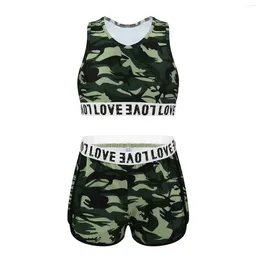 Clothing Sets Kid Girls Sportwear Dance Gym Workout Athletic Outfit Sport Suit Printed Sleeveless Racer Back Tanks Crop Top With Bottoms Set