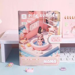 Pink Summer Cartoon Magnetic Buckle Notebook 3D Soft Faux Leather Cover Coloured Inner Page Students DIY Girls Dairy 36k