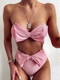 Women's Swimwear Cute Bowknot Bikini Set Glitter Sequin Two-Piece Bathing Suit Sexy Strapless High Waist Swimsuit Pink 2024 Summer Beach