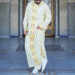 Clothing Muslim Dresses for Men Long Sleeve Striped Shirt Kaftan Thobe Robe Gown Straight