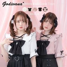 Women's Blouses Mine Japanese Style Lolita Girls Bow Short Sleeve Shirt Top Spring Summer Wooden Ear Square Collar Sweet Blouse Tops