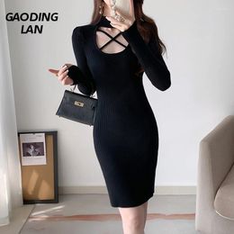 Casual Dresses Cross Climbing Rope Hollowed Out Collar Women Dress Versatile Long Sleeve Tight Fit Hip Wrap Sexy Knitted Bottom