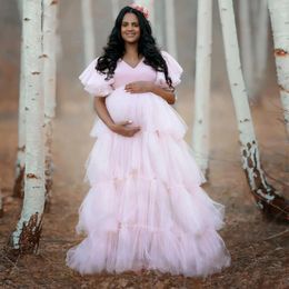 Party Dresses Light Pink Maternity For Woman Illusion Sleeveless Pregnancy Babyshower Dress Tiered Bathrobe Gowns Pography Props
