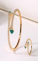 Romatic Women Fashion 2 Pcs Bracelet Ring Set Candy Colour stone Simple Design Gold Open Cuff Bangle Ring Jewellery Set 22042696792601475947