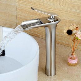 Bathroom Sink Faucets Azeta Waterfall Tall Basin Faucet Single Hole Deck Mounted Brushed Nickel Washbasin Mixer Tap AT7206HBN