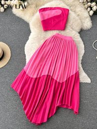 Work Dresses GVUW Fashion Pleated Two Piece Sets Women Salsh Neck Top Irregular Hem A Line Loose Skirt 2024 Female Clothing 17G5737