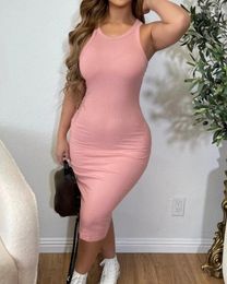 Casual Dresses Women's Urban Style Dress O-Neck Sleeveless Ribbed Bodycon 2024 Spring/summer Latest Solid Color Skinny Hip Wrap Skirt