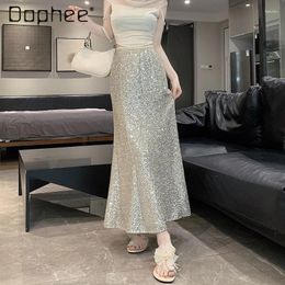 Skirts Sequined Shiny Fishtail Skirt Ladies 2024 Spring Women's High Waist Slimming All-Matching Drape A- Line Sheath Midi