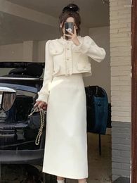 Work Dresses Korean O-neck Short Coat High Waist A-line Skirt 2024 Elgeant Solid Women Y2k Suits Autumn Fashion Long Sleeve 2 Pieces Set