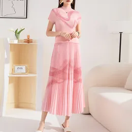 Work Dresses Fashion 2024 Miyake Pleated Casual Suit Women's Spring Summer Style Printed Corn Short-Sleeved T-Shirt Long Skirt Two-Piece