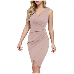 Casual Dresses Women Pencil Dress Sexy V Neck Sleeveless Irregular Hem Bodycon For 2024 Solid Commuter Ruched Wrap Party